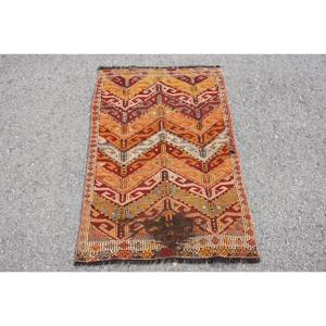 Alfombra tradicional de lana de retazos rojo naranja 2,7 X 3.8ft pasillo rectangular de área grande turco para látex adolescente para uso de cabecera de habitación - Product Image 1