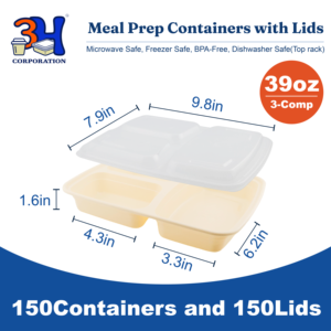 Contenants de préparation de repas 3h Corporation, 3 compartiments, PP, lot de 150, 39 oz, couvercles réutilisables, compatibles micro-ondes/lave-vaisselle/congélateur, design minimaliste - Product Image 2