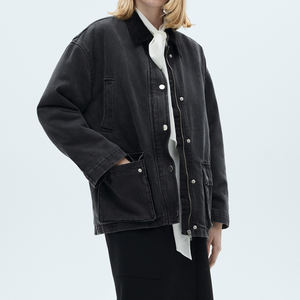 <b>Womens</b> Black <b>Utility</b> <b>Jacket</b> with Corduroy Contrast Collar Casual Multi Pocket Workwear Coat for Trendy Everyday Wear Stylish - Product Image 3