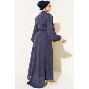 Robe de Soirée Pailletée à Col Bénitier Bleu Marine - Product Image 3