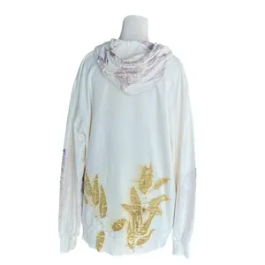 Malaysia Muslim Eco Chic Leaf Print Sleepwear Hoodie in Comfortable White Cotton Fabric