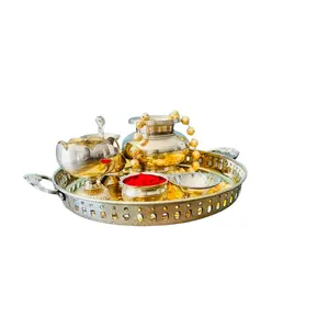 Bandeja de mesa artesanal de pooja thali, conjunto de bandeja festa dourada para decoração de casa