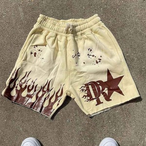 Pantalones cortos informales para hombre, color azul y negro, lavado ácido, con cierre de cordón amarillo, estampado gráfico, ropa de calle de algodón francés para uso en el gimnasio - Product Image 4