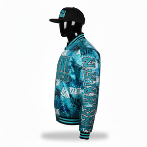Chaqueta de Satén de Alta Calidad con Tela Lisa y Brillante en Patrón Gráfico Aqua con Logotipo Personalizado Bordado en Chenilla Chaqueta de Satén para Hombre - Product Image 4
