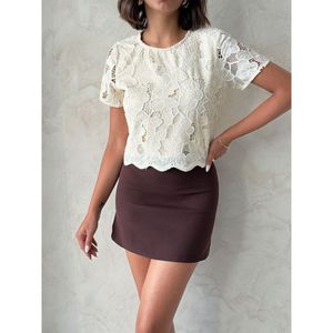 Blusa Elegante de Encaje con Pedrería Ligera para Mujer, Marca TOPSHOW, 100% Poliéster, Estilo Casual con Patrón Delicado para Uso Diario - Product Image 4