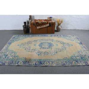 Tapis turc vintage 5,3x8,5 pieds, grand tapis oriental en laine bleu - Product Image 3