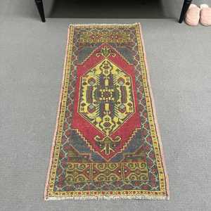 Turkish 2x4.2 ft Rug, Small Vintage Rug, Red <b>Yellow</b> Southwestern Rug - Product Image 1