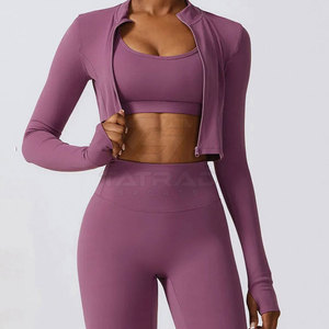 Vêtements de sport en gros, ensemble de fitness de haute qualité 3 pièces pour femmes, ensemble de yoga élégant à manches longues, soutien-gorge de sport actif, leggings et veste - Product Image 2