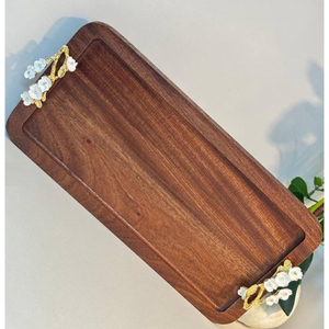 Plateau en bois attrayant avec accent floral poignée en métal collations bol de nouilles plateau de service plateau de Table basse pour hôtel Restaurant - Product Image 5