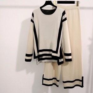 Conjunto de punto elegante para mujer, Top de manga larga con empalme a rayas y cuello redondo, pantalones de pierna ancha, traje informal de oficina para mujer, suéter suelto, ropa de casa - Product Image 3