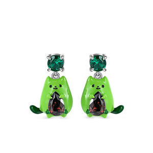 Boucles d'oreilles pendantes en émail Jeulia Hug Me Avocado Cat en argent sterling, cadeau en forme d'animal - Product Image 1