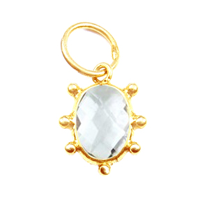 8x6mm Faceted <b>Quartz</b> Crystal Tiny Charm Pendant 925 Sterling Silver with Gold Vermeil Oval Bezel Setting Fancy Style - Product Image 1
