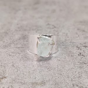 Bague pour femme en argent sterling 925 avec pierre brute authentique d'aigue-marine, style vintage large, bijou de Noël - Product Image 1