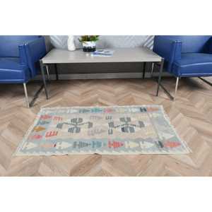 Alfombra Turca de 2.2x3.8 pies, Ecológica, con Base de Látex, Pelo Mediano, Estilo Kilim Vintage, Alfombra de Lana con Parches Azules - Product Image 3