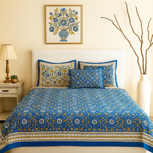 Ensemble de literie artisanale classique 3 pièces avec bloc de main à effet rafraîchissant imprimé floral bleu Jaipuri comprend une taie d'oreiller en drap de lit plat - Product Image 1