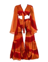 Ensemble haut court imprimé en mousseline de soie à col en V et manches longues, et pantalon taille empire à volants pour femme