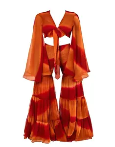 ชุดเสื้อครอปท็อปผ้าชีฟองพิมพ์ลายและกางเกงขายาวเข้าชุด ชุดเข้าเซ็ตทันสมัยสำหรับเด็กผู้หญิงและสุภาพสตรี กางเกงขายาวพิมพ์ลายทันสมัยสำหรับผู้หญิง - Product Image 1