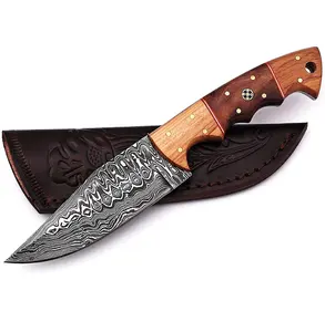 厂家价格大马士革钢固定刀片刀野营户外猎刀橄榄木玫瑰手柄和鞘