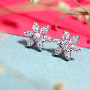 NOVAMART Fine Zarkan Lily Zircon <b>Silver</b> <b>Stud</b> Trendy Religious Wedding Featuring Flower Heart Shape Made Stainless Steel Titanium - Product Image 2
