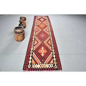 Tapis Kilim Turc Vintage 28 x 11 pieds Rouge Audacieux Écologique à Poil Moyen Tissage Plat Motif Patchwork en Laine avec Support en Latex – Pièce Maîtresse - Product Image 1