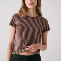 OEM/ODM Wholesale Brown Pink Stripe Women Striped T-Shirt Short Sleeve Crew Neck Slim Fit Stretch Jersey Tee Casual Basic <strong>Top</strong>