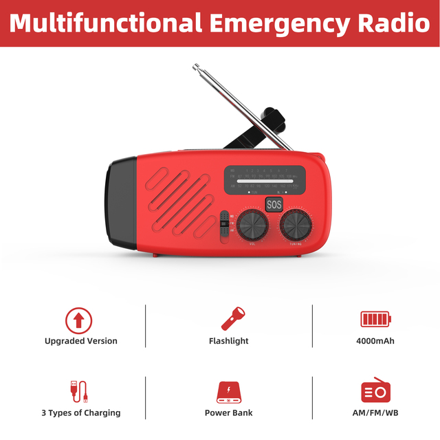 Portable Rechargeable 4000mAh Plastic Power Bank Emergency Solar Hand Crank AM/FM/WB Radio SOS Flashlight USB Phone Charger