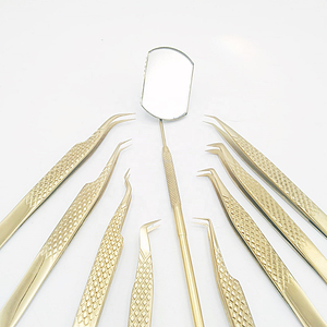 Juego de pinzas para pestañas chapadas en oro de alta calidad con espejo para pestañas, herramientas de acero inoxidable para extensiones de pestañas, Uso Profesional - Product Image 3