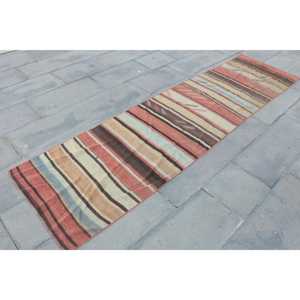 พรมวินเทจขนาด 2.3x8.8 ฟุต, พรมลายทางสไตล์ตุรกี, พรมขนสัตว์สีน้ำตาลแดงลายต้นไม้และพืช - Product Image 3