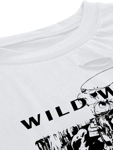 Top corto desgastado con gráfico Sun Moon para mujer, camiseta de manga corta rasgada de gran tamaño - Product Image 4