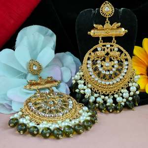 Intricate Craftsmanship Indian Bridal Kundan Chandbali <b>Earrings</b> Detailed <b>Pearl</b> Embellished Hanging Danglers Jewelry for Women - Product Image 2