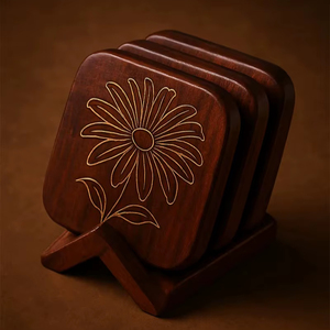 Juego de posavasos de madera de lujo con soporte hecho a mano elegante vajilla para el hogar para mesa de comedor café té cerveza cocina rústica - Product Image 1