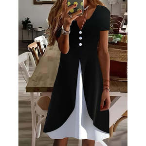Women's Short-Sleeved V-Neck Button-Front Two-Tone <b>Viscose</b> <b>Dress</b>, 24899 - Black - Product Image 1