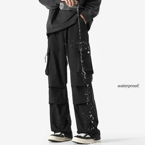 100% Polyester Oversized Fit Canvas Cargo Pants <b>Men</b> 6 Pocket Wide Leg <b>Elastic</b> Waist Eco-Friendly Streetwear Casual <b>Trousers</b> - Product Image 2