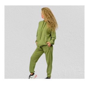 Conjunto Deportivo de Dos Piezas con Capucha para Mujer, 100% Algodón, Lavado Ácido, Ecológico, Hombros Caídos, Corte Regular, Color Negro Sólido, Informal, para Invierno - Product Image 6