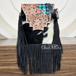 Bolso de Mano Cruzado de Cuero con Diseño de Cuadros y Flores para Mujer, Bolso de Hombro de Lujo con Flecos de Pelo de Vaca - Product Image 1