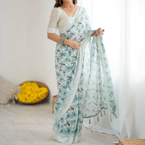Soft Light Weight Beautiful Floral Printed Silk <b>Satin</b> <b>Saree</b> with Elegant Style for Party and All Events - Product Image 1