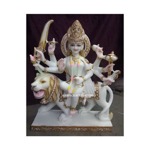 รูปปั้นเทพีดูร์กา มาตา ทำจากหินอ่อนสีขาวธรรมชาติ งานฝีมือสวยงาม ท่านั่ง วางในมือ ใช้ในพิธีกรรมพุทธศาสนาในเทศกาลต่างๆ - Product Image 1