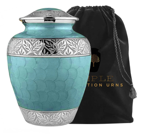 Urne de crémation gravée turquoise et feuille d'argent Urne funéraire pour adultes Urne commémorative artisanale avec couvercle - Product Image 1