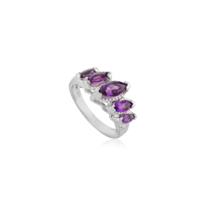 Bague tendance et magnifique en argent sterling S925 Art Déco avec cinq pierres en améthyste véritable taille marquise - Product Image 1