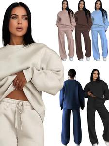Otoño Invierno logotipo personalizado de alta calidad Color sólido para mujer cuello redondo manga larga pantalones de pierna ancha ajuste relajado conjunto de dos piezas para mujer - Product Image 6