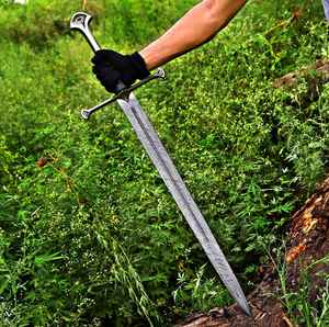 ดาบไวกิ้งเหล็กดามัสกัสคุณภาพสูง งานแฮนด์เมด ตีขึ้นรูปด้วยมือ ขายส่งยอดนิยม สำหรับการเอาตัวรอดกลางแจ้งและตั้งแคมป์ พร้อมปลอกดาบ - Product Image 1