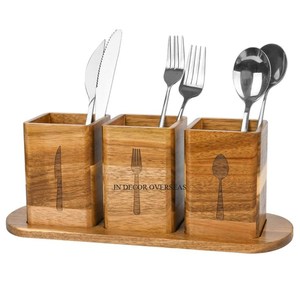 Ensemble de couverts en bois de mangue 100 % naturel, forme rectangulaire, 4 compartiments, avec poignées en métal plaqué or - Product Image 6