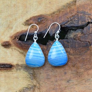 Blue Botswana Agate 925 Sterling Silver Pear Shape Gemstone <b>Hook</b> <b>Earrings</b> Handmade Jewelry Gift For Women - Product Image 1