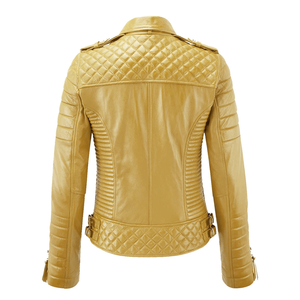 แจ็กเก็ตหนังแกะแท้สำหรับผู้หญิงเสื้อแจ็กเก็ตหนังสไตล์นักขี่จักรยานสีเหลืองทรงสลิมฟิตสำหรับผู้หญิง - Product Image 2