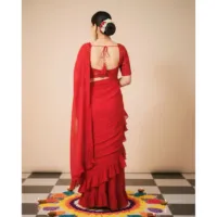 Sari en soie non tissée Rose Rouge Royale, ample, d'été, uni, longueur ras du sol, demi-manches, travail artisanal, léger, vintage, col en V, pour soirée