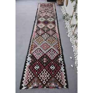 Tapis en Laine Beige Kilim Turc Vintage Eco-Friendly Medium Pile 2.8x13.1ft Patchwork Design Décorations de Salle à Manger Support en Latex - Product Image 1