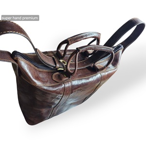 Brown Genuine Leather <b>Vintage</b> <b>Clutch</b> Tote Purse Duffel <b>Bag</b> with Zipper Closure Dual Handles Cotton Lining Travel - Product Image 3
