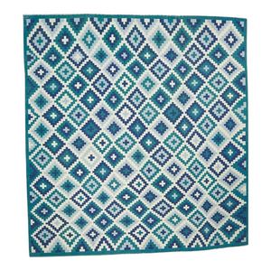 พรมสไตล์วินเทจสไตล์ kilim dhurrie ลายเรขาคณิตสีฟ้าสีขาวสลับได้แบบแบนทอขนสัตว์/ผ้าไหมปอกระเจาด้านหลัง - Product Image 1