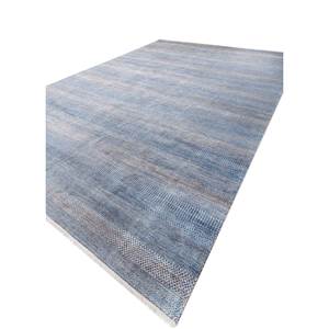 Alfombra Kairos Azul de Lana y Viscosa Anudada a Mano, Modelo SKWV-95, Rectangular a Rayas para Pasillo, Diseño Abstracto Hecho a Mano con Patchwork para el Hogar - Product Image 2