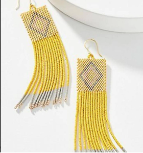 High Quality Beaded Fringe Earrings,Long Boho Earrings, Yellow and Silver Statement Earrings - Product Image 1